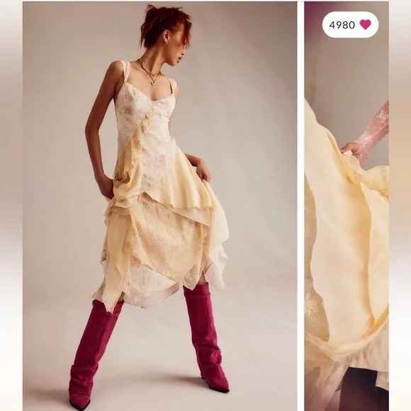 Free People Laughlin Vintage Lace Ruffles Mixed Printed Asymmetrical Dress - Picture 1 of 14